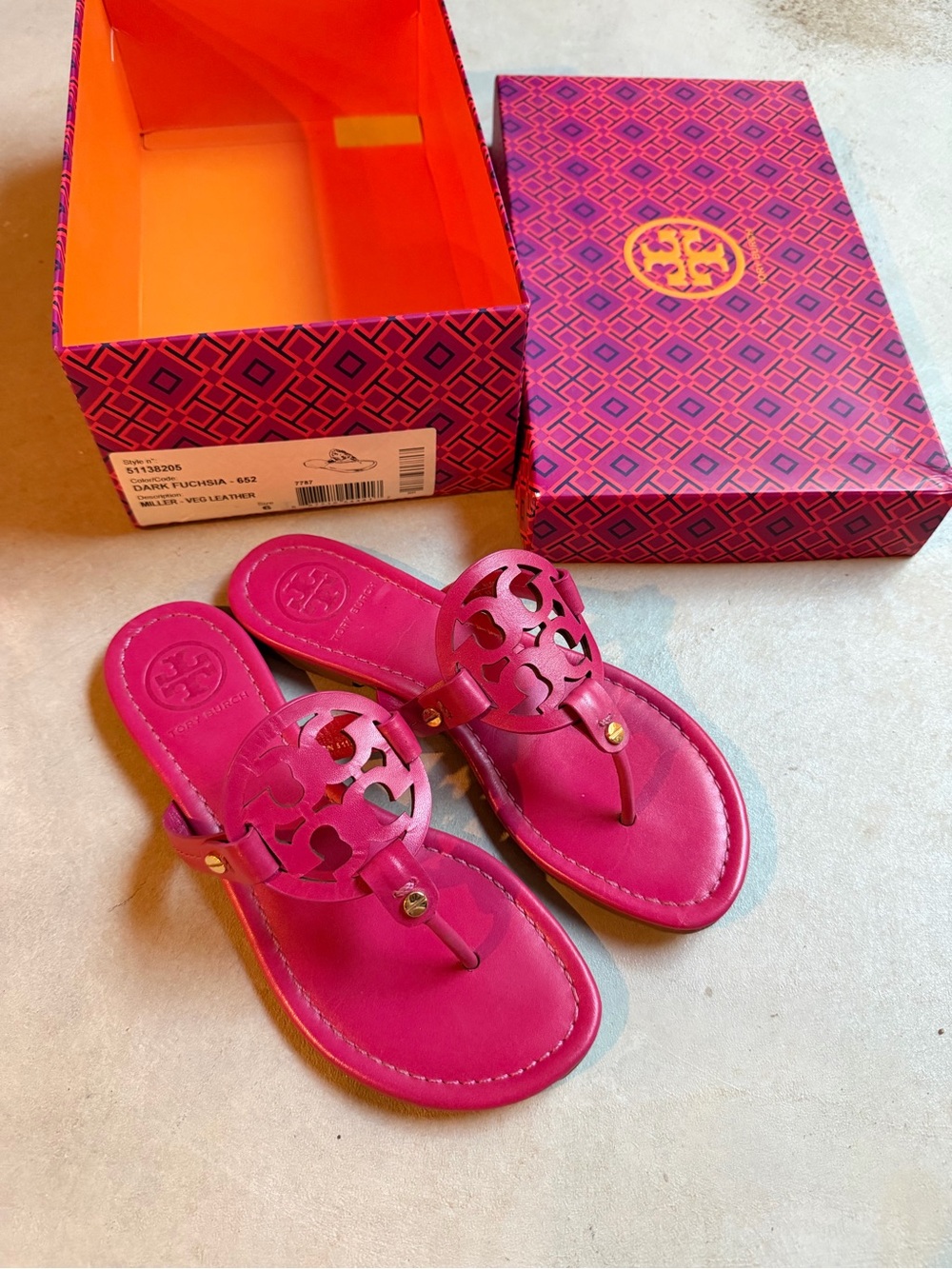 Tory Burch Miller Leather Sandals Dark Fuchsia Pink Size 6
